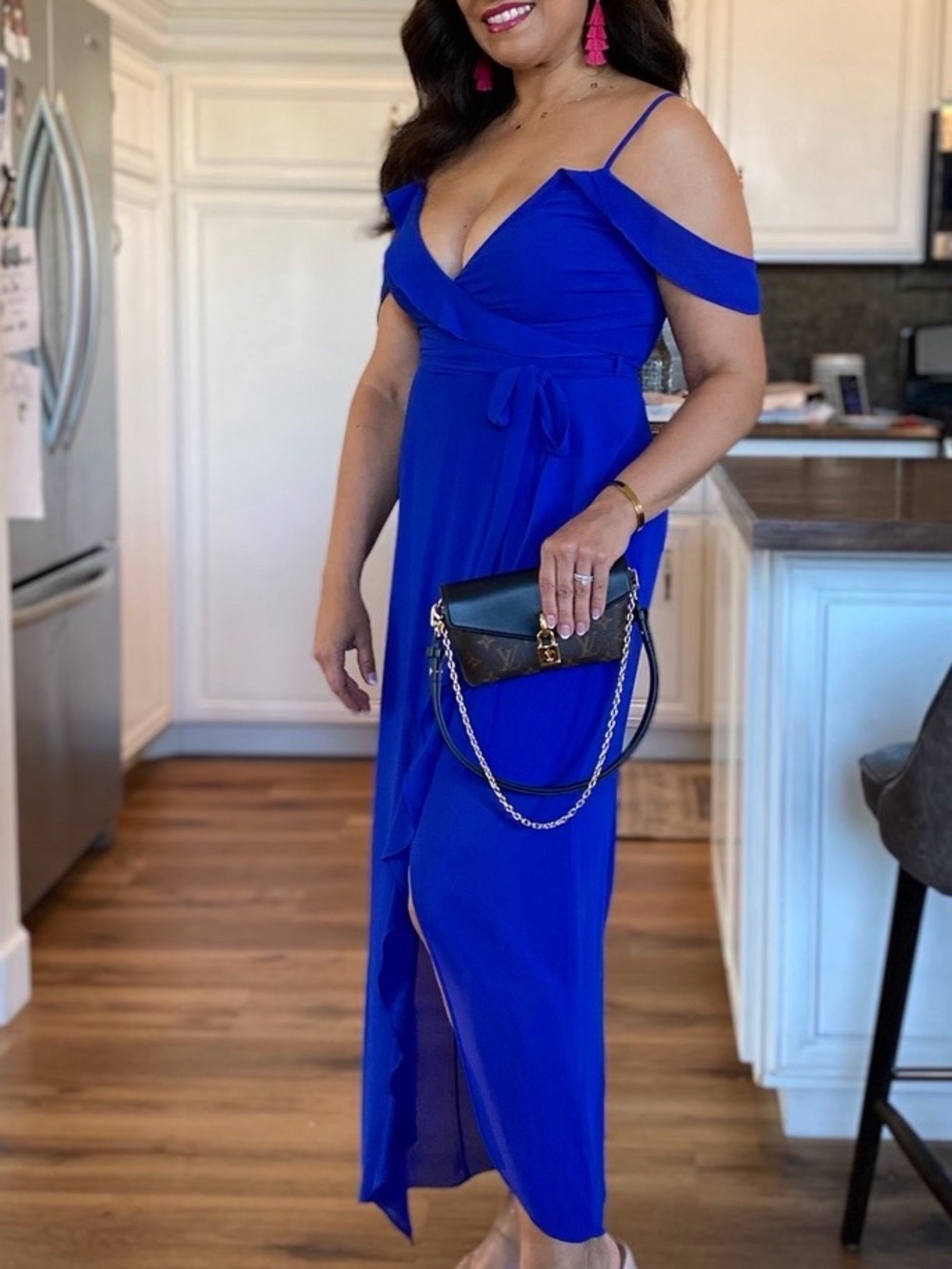 Bardot Royal Blue off the Shoulder Wrap Maxi Dress, vacation, wedding guest